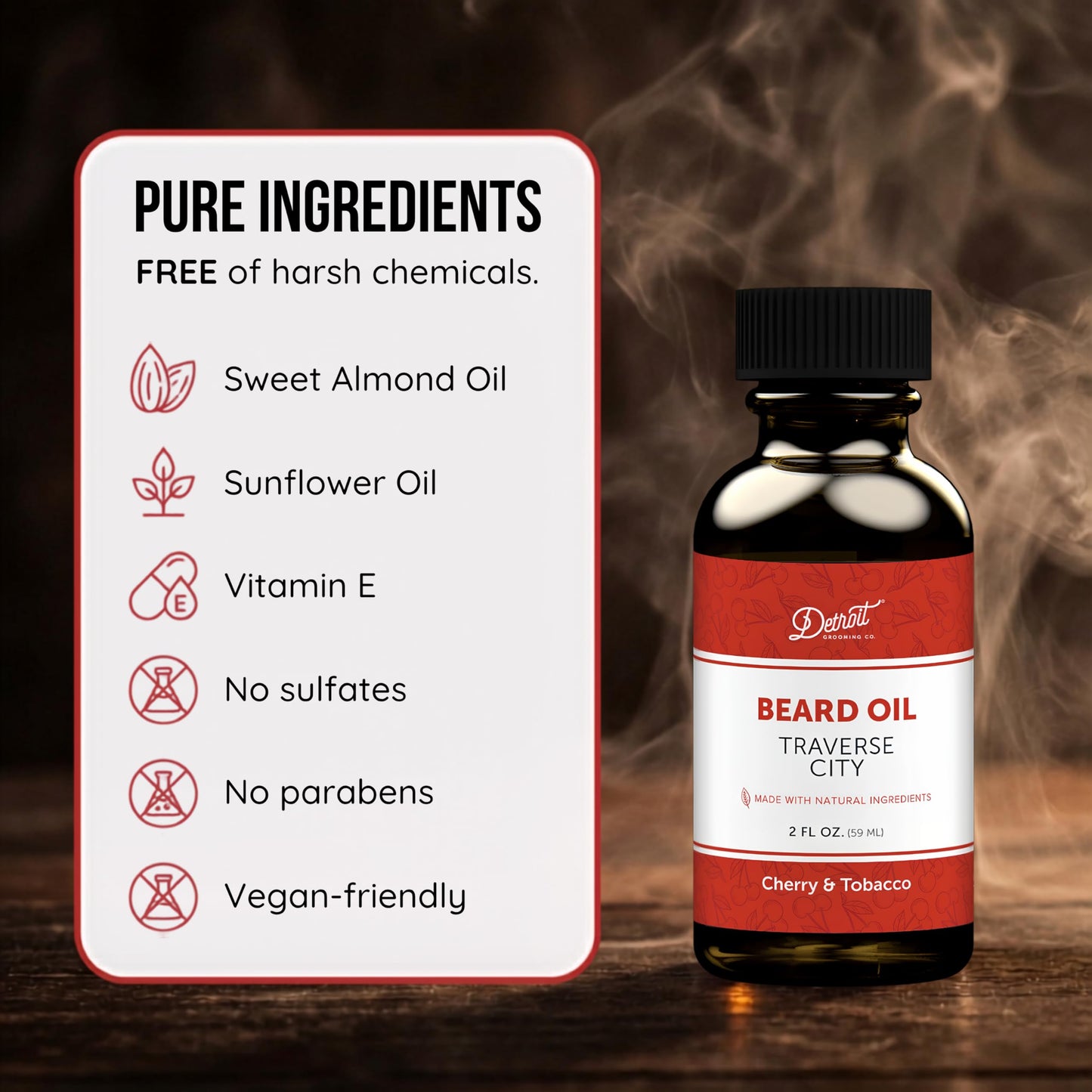 Detroit Grooming Co. Beard Oil (2oz) - Cherry & Tobacco - Premium Nourishing Formula with Sweet Almond Oil & Vitamin E - Men's Beard Softener & Moisturizer - Double Size