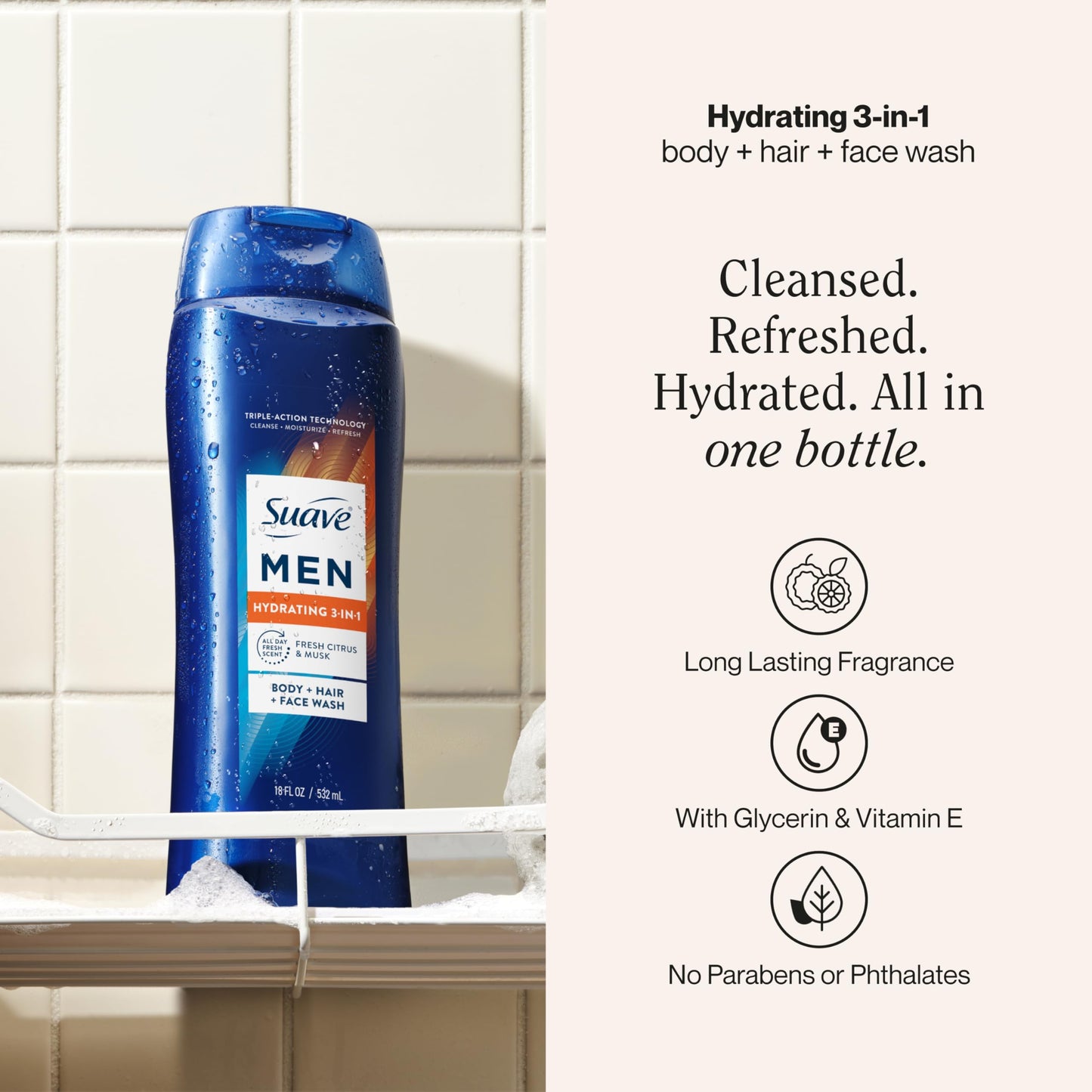 Suave Men Hydrating 3-in-1 Body + Hair + Face Wash with Glycerin & Vitamin E, Cleanse, Moisturize, Refresh, No Parabens or Pthalatates, Long-Lasting Fragrance, 18 FL OZ