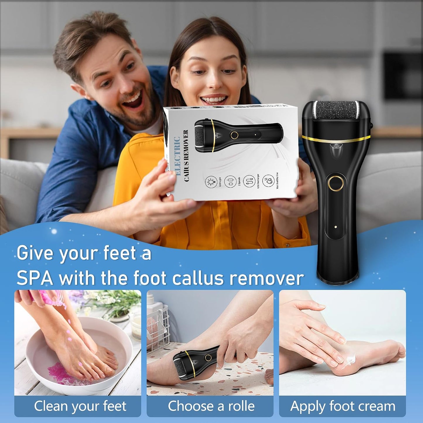 Electric Foot Callus Remover - Waterproof Rechargeable Pedicure Kit with 3 Rollers & 2 Speed Settings | Ideal for Hard, Cracked Skin
