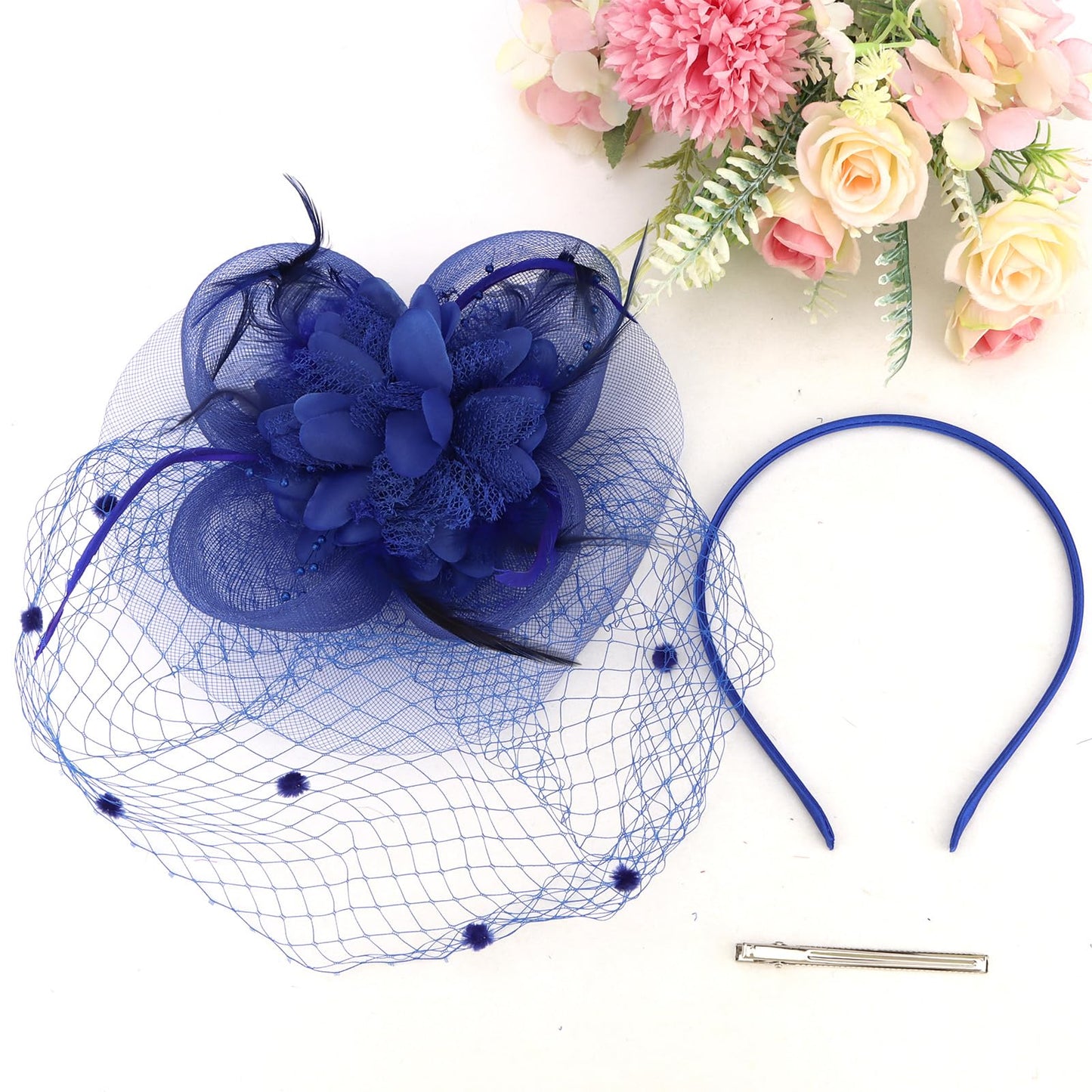 Semato Fascinators Hats for Women Mesh Feathers Elegant Royal Blue Tea Party Kentucky Hat Derby Headband with Hair Clip