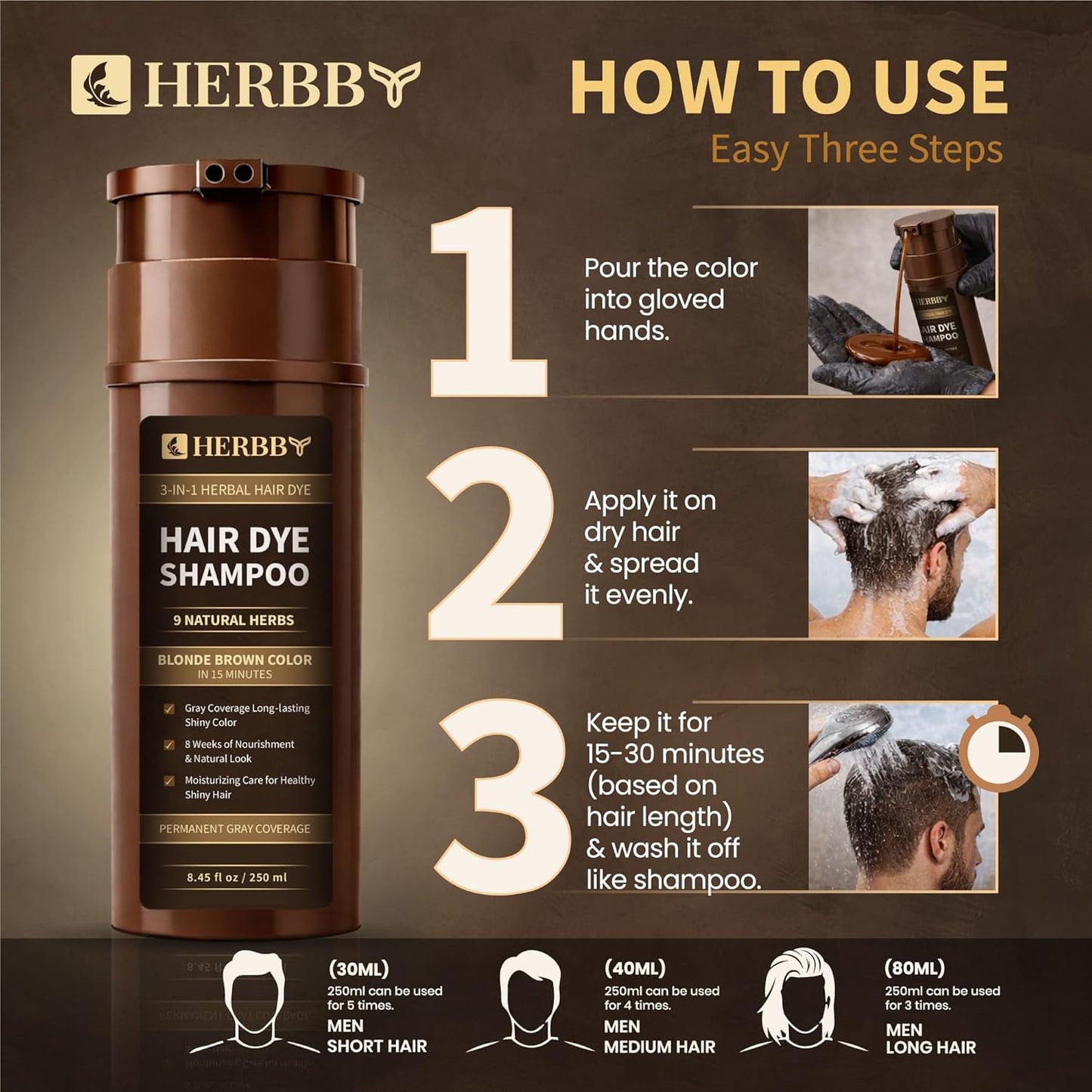 HERBBY Hair Color Shampoo for Gray Coverage | 9 Herbal Extracts for Shiny, Even Color - 250 ml (Blonde Brown)