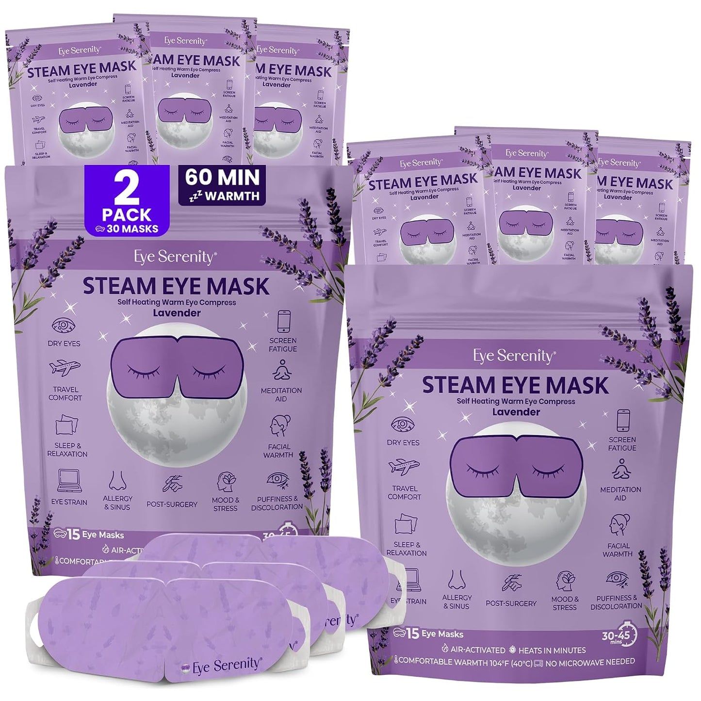 Heated Eye Mask - Eye Serenity Steam Mask for Dry Eyes | Moist Heat Relief for Styes & Puffiness - Lavender