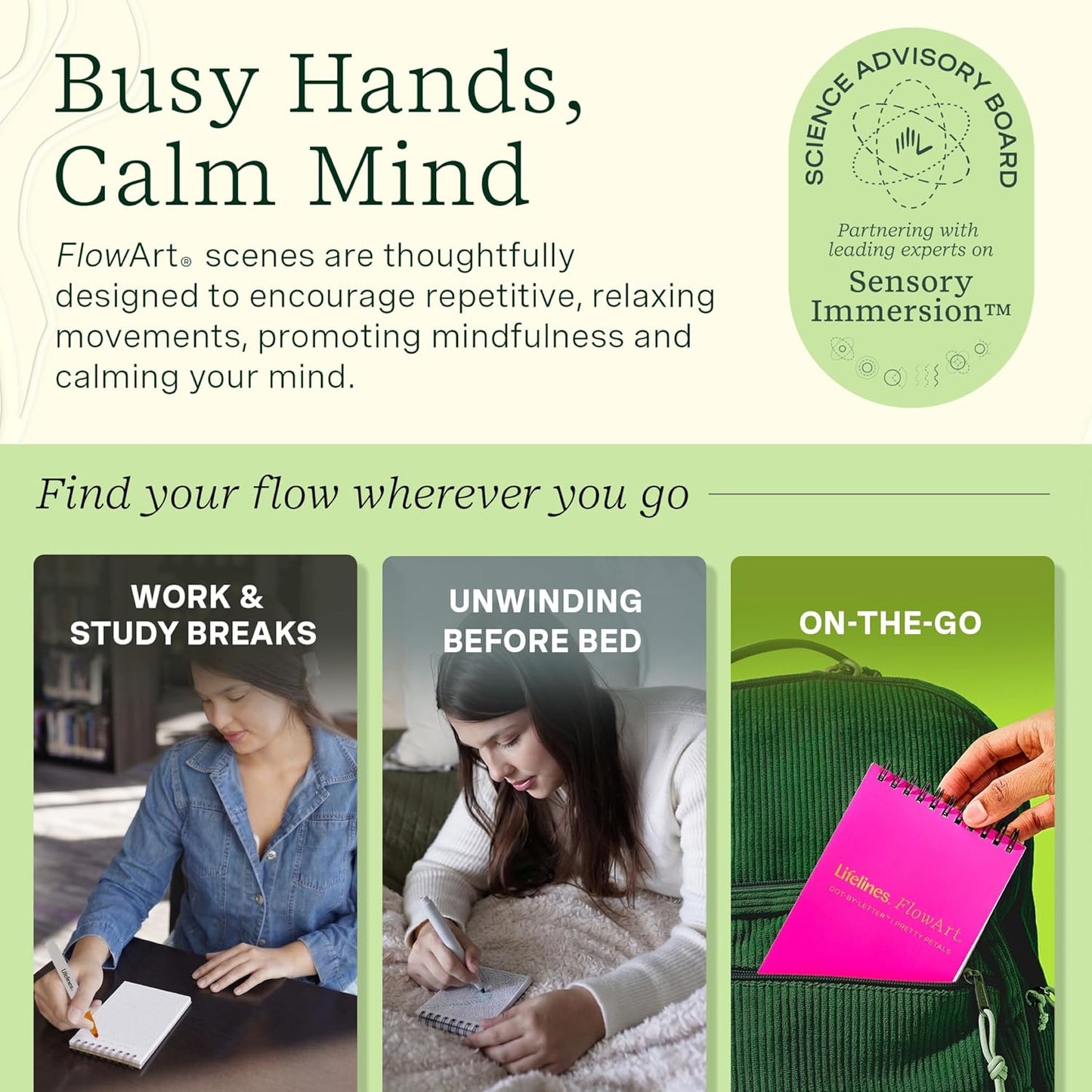 FlowArt Mini Activity Pads - Guided Dot-by-Letter Art Meditations | 3-Pack with 15 Markers & 60 Scenes for All Ages