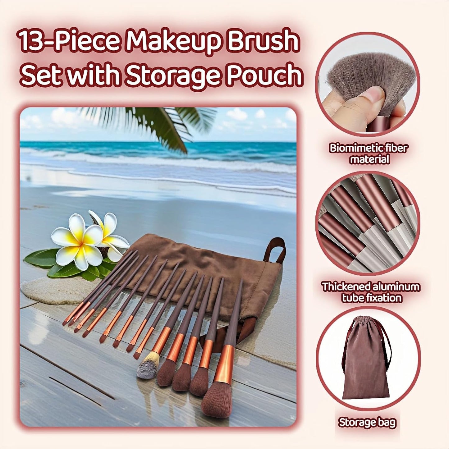 Makeup Brush Set - 13 Piece Professional Cosmetic Brushes | Hypoallergenic Synthetic Bristles for Face & Eye Application (Brown)