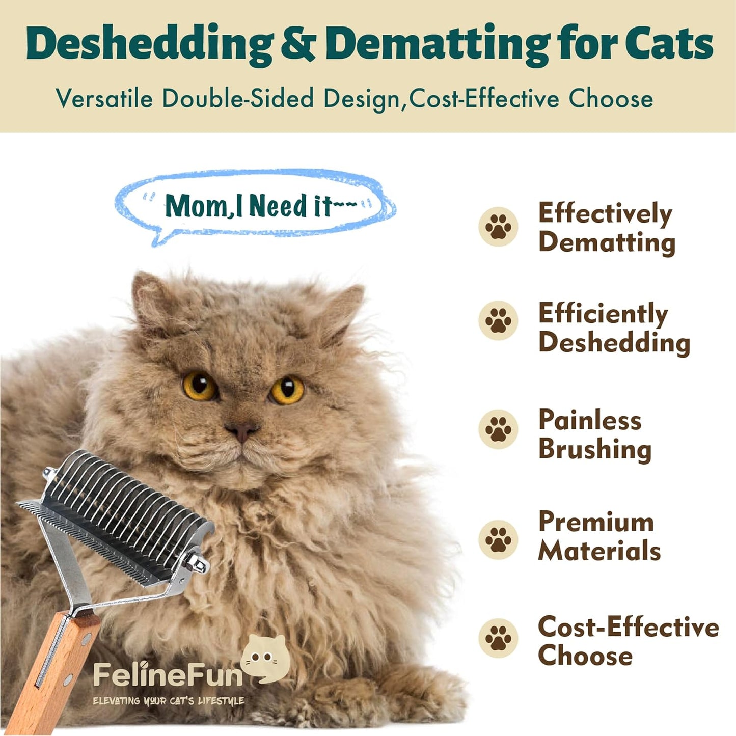 Cat Brush for Dematting & Deshedding - 2 in 1 Undercoat Rake for Indoor & Long Haired Cats | Efficiently Removes Loose Hair & Matted Fur
