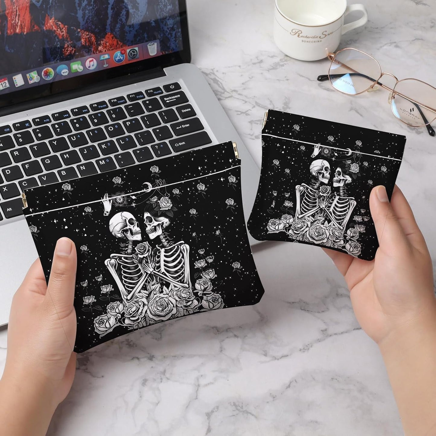 Makeup Bag Set - 2 PCS PU Leather Cosmetic Organizer | Portable Self-Closing Travel Pouch for Women - Skull Design