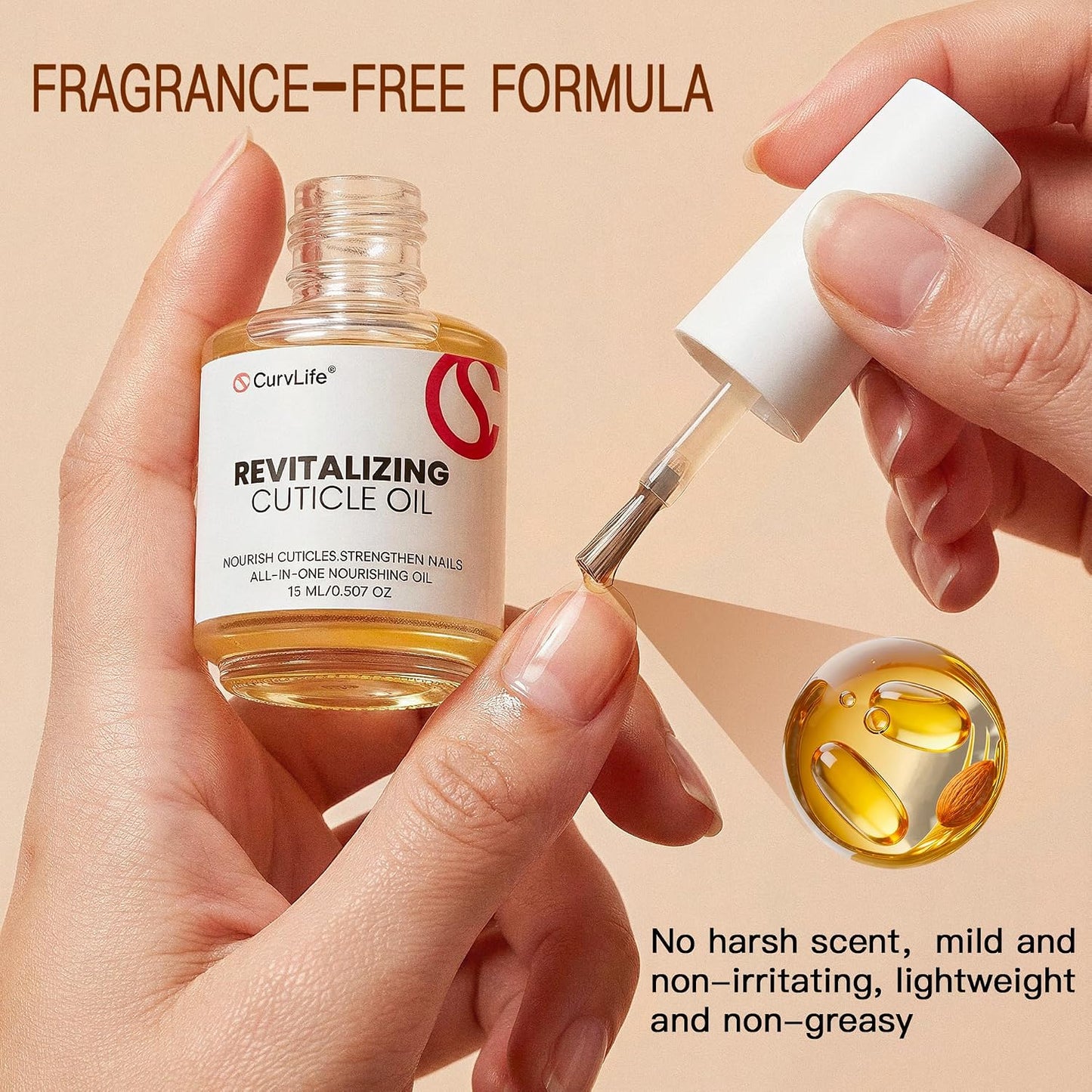 CurvLife Cuticle Oil - Lightweight Non-Greasy Nail Treatment with Curved Brush | Moisturizing Repair for Dry Cracked Cuticles