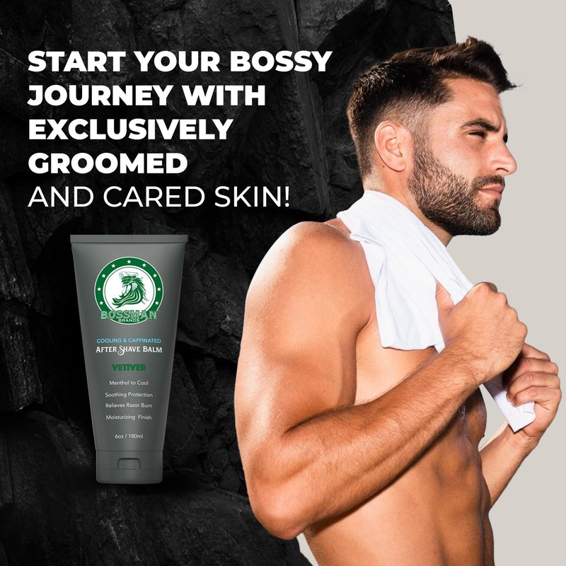 Bossman Cooling & Caffeinated After Shave Balm for Men – Soothes & Protects with Menthol, Caffeine & Tea Tree – Vetiver X Scent