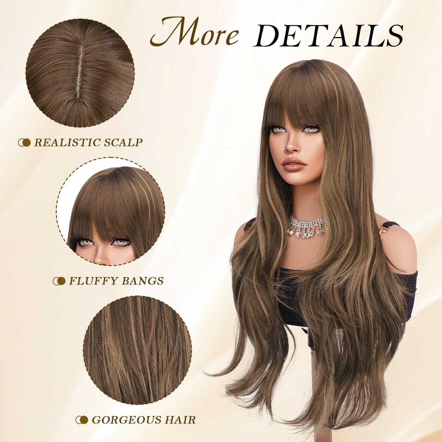 Haloo Blonde Brown Wigs with Bangs - Long Layered Natural Looking Synthetic Heat Resistant Wavy Hair Wigs for Women Daily Party, 26 Inch Blonde Mixed Brown