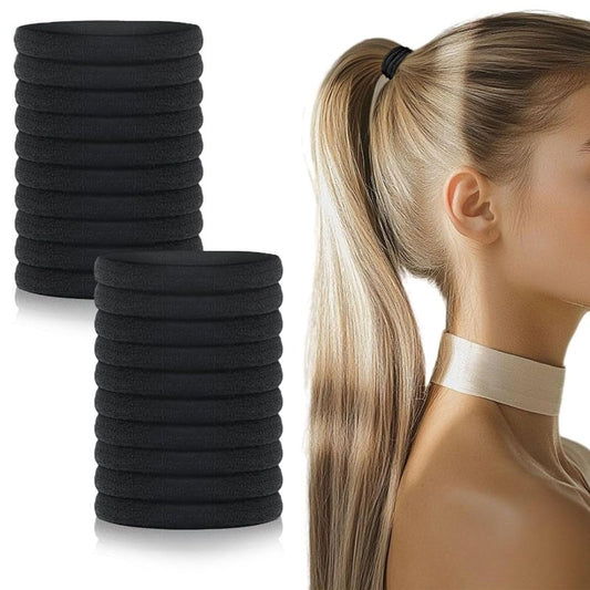 20PCS Black Hair Ties for Women, Cotton Seamless Hair Bands, Elastic Ponytail Holders, No Damage for Thick Hair, 2 Inch in Diameter