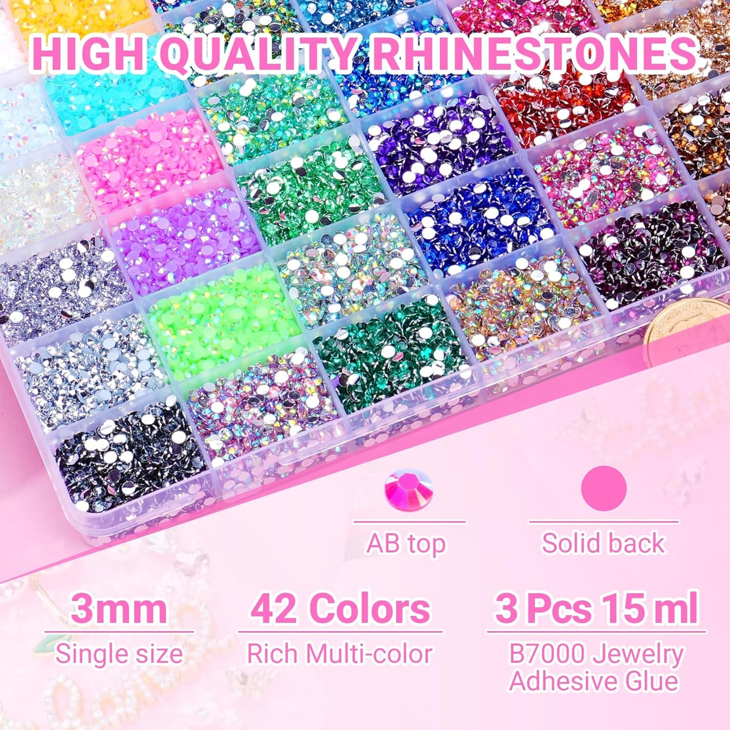Jelly Rhinestones - 46,000 Pcs Multicolor 3mm Flatback Gems for Crafting | Bedazzler Kit with 3 Pcs 15ml B7000 Jewelry Glue