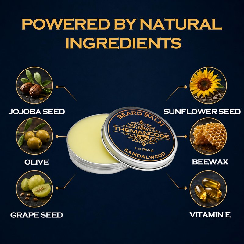THEMANCODE Sandalwood Beard Balm for Men, Beard Butter, Beard Softener with Jojoba Oil, Beard Care Father Day Gifts, 2 oz