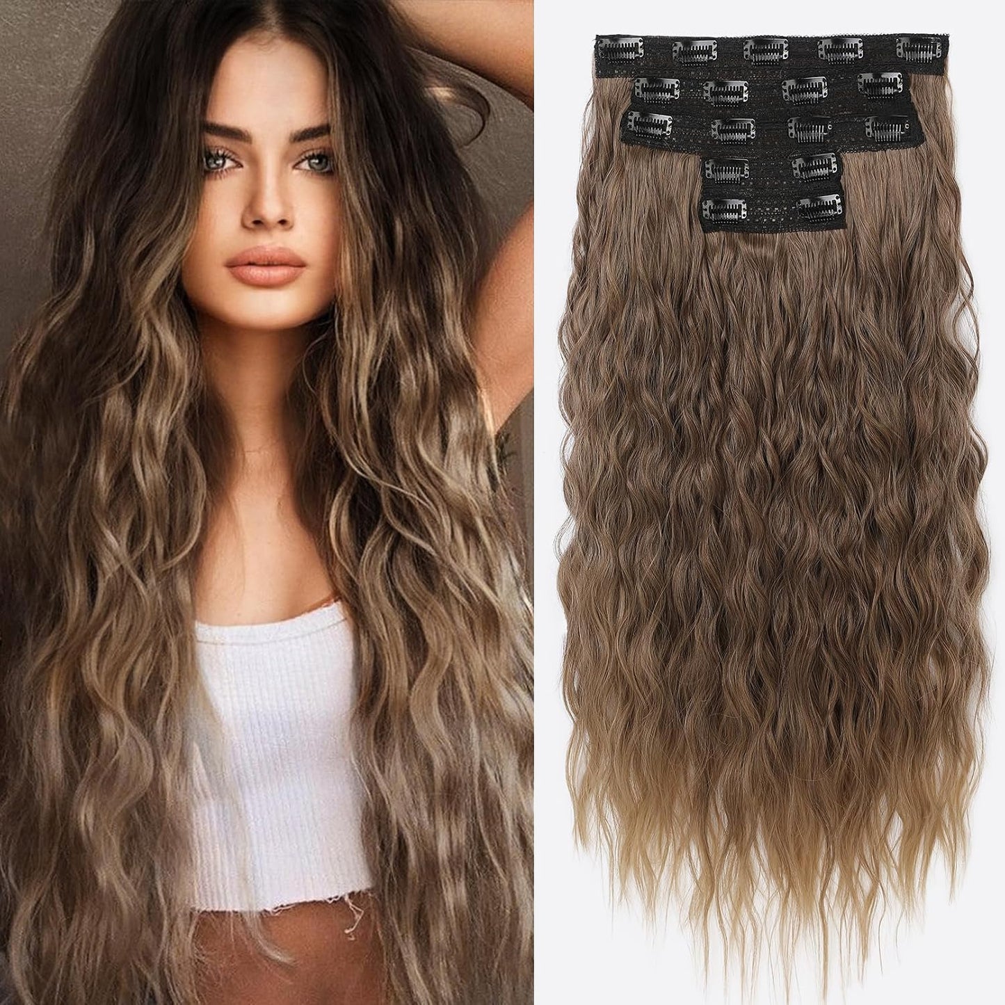 Clip In Hair Extensions - 24" Thick Long Loose Waves | Invisible Lace Weft, Natural Soft Hairpieces - Chocolate Brown with Blonde Highlights