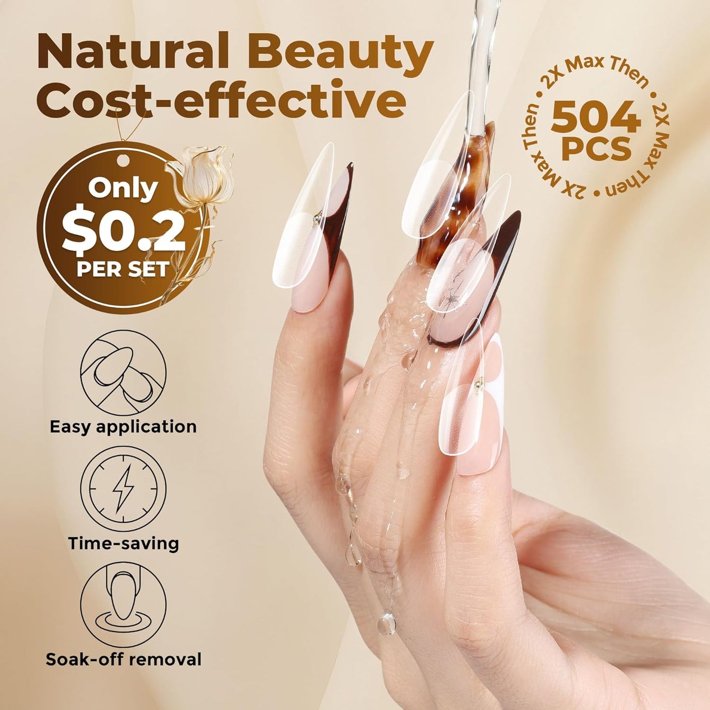 Long Stiletto Nail Tips - 504PCS Full Cover Pre-Etched Almond Clear Fake Nails | Sturdy Acrylic for DIY Extensions, 12 Sizes