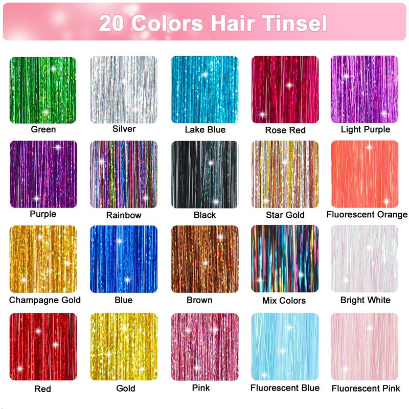 Hair Tinsel Kit - 48 Inch 8000 Strands Heat Resistant Glitter Extensions | 20 Color Options for Sparkling Hair Effects
