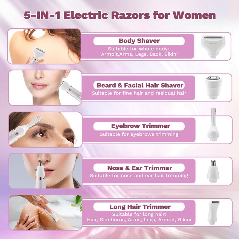 Electric Razors for Women, 5 in 1 Bikini Trimmer for Women, Wet/Dry Womens Electric Shaver Razor, Face Shaver for Face Nose Eyebrow Arms Armpit Legs Pubic Area, Facial Hair Removal