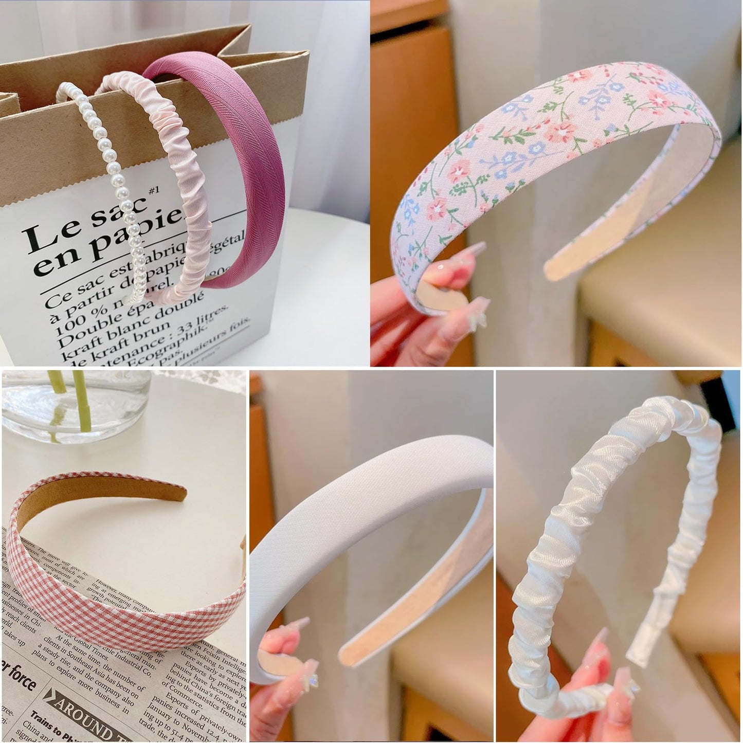 7Pcs Fashion Headband Set with Different Designs: Non-Slip Padded Headbands, Cute Pearl and Vintage Wide Styles for Women and Girls (Pink)
