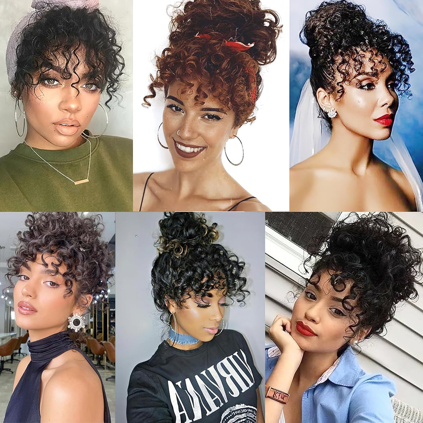 Afro Puff Drawstring Ponytail Extension - Curly Bangs Clip for Black Women | Synthetic Hairpiece (Black)