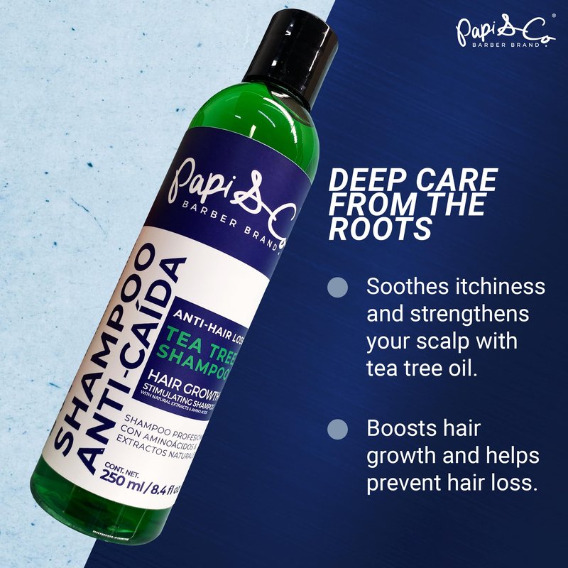Papi & Co. - Tea Tree Shampoo for Men - Natural Peppermint Thickening Shampoo - Anti Itch Scalp & Dandruff Treatment with Seaweeds & Squalene - Daily Use Clarifying Formula for Thinning Hair - 250 mL