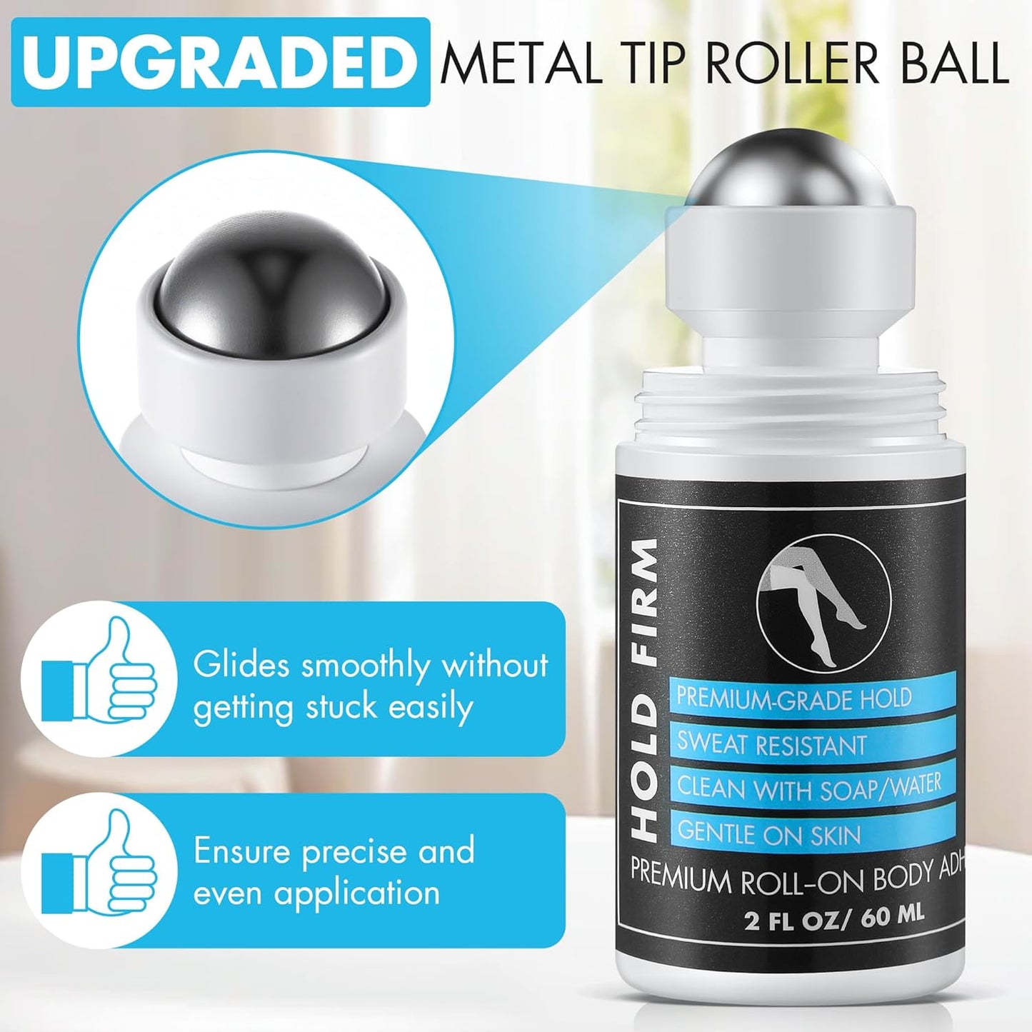 Metal Roll-On Body Glue - Sweat Resistant Adhesive for Dancers | 2 Oz, Residue-Free Skin Adhesive