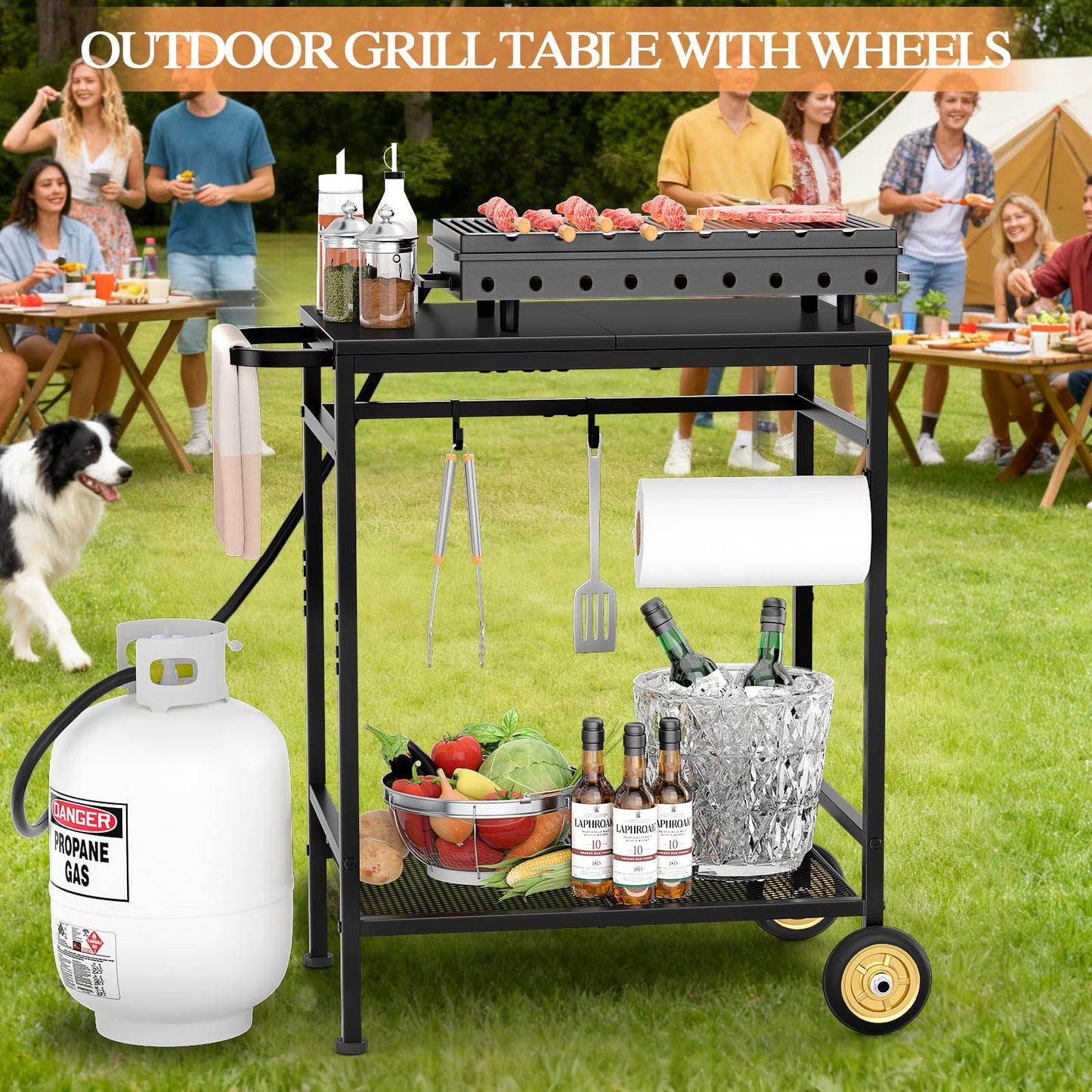 2-Tier Outdoor Grill Table with Wheels, Movable Cooking Food Prep Table for Outside BBQ Gathering, with 23.62" Lx 15.75" W Rust-resistant Tabletop, Griddle Stand for Patio & Backyard & Tools Room