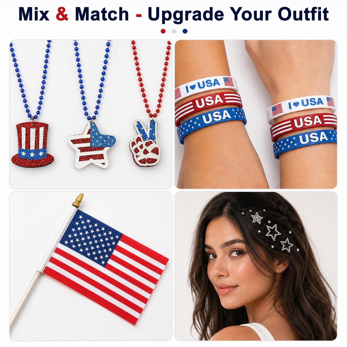 VOCOSTE 16Pcs Red White and Blue Accessories, 4th of July Accessories for Family Groups Memorial Day Party Favors Supplies, Include Patriotic Headband Necklaces Wristband USA Flag Star Face Gems