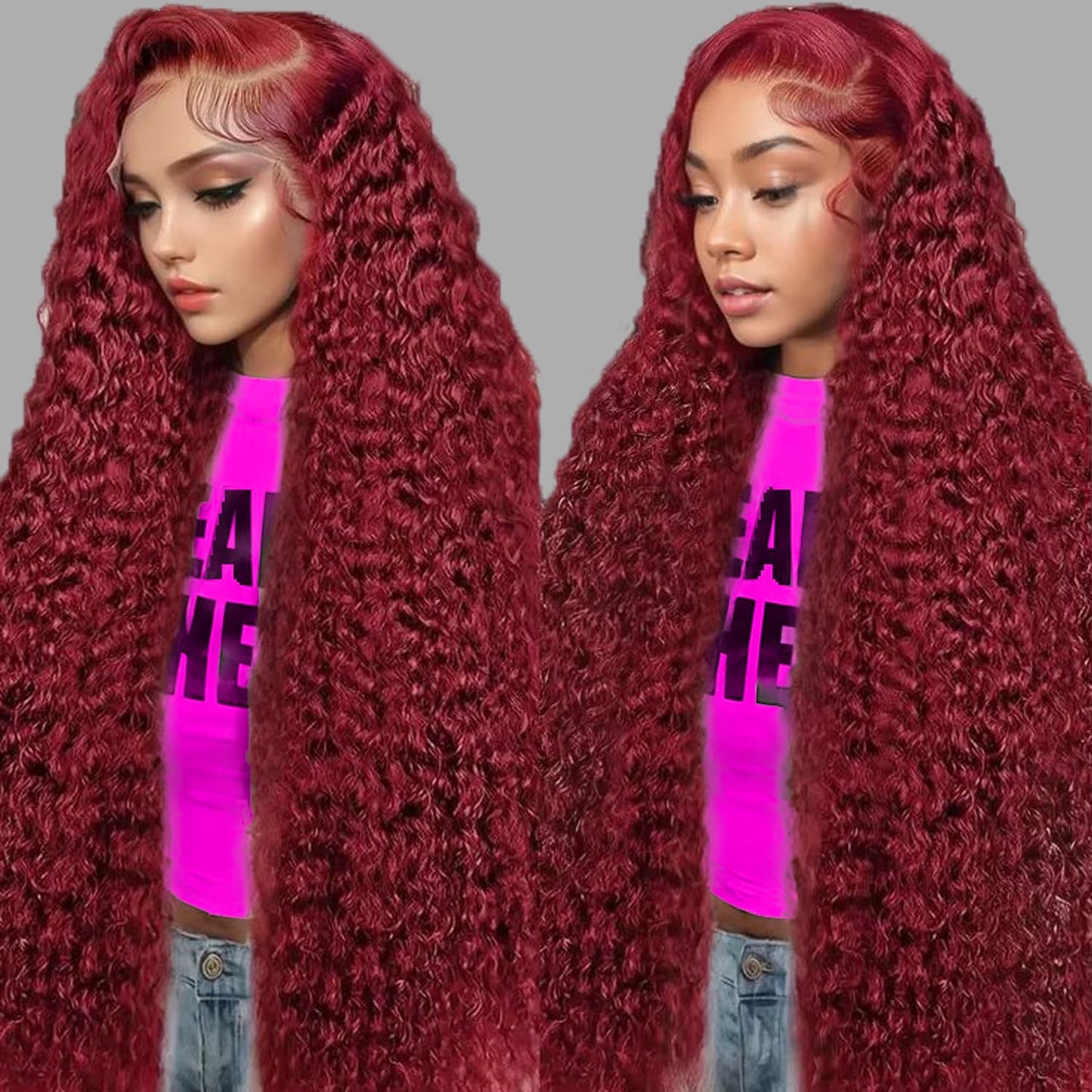 32-Inch Water Wave Red Human Hair Wig - 99J Burgundy Lace Front | Deep Wave 13x6 HD Curly Wig for Women
