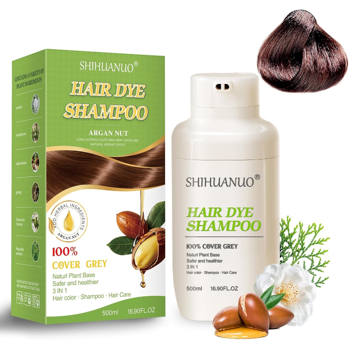 Hair Dye Shampoo for Gray Hair - 3-in-1 Color Treatment with Herbal Extracts | 500ml Dark Brown