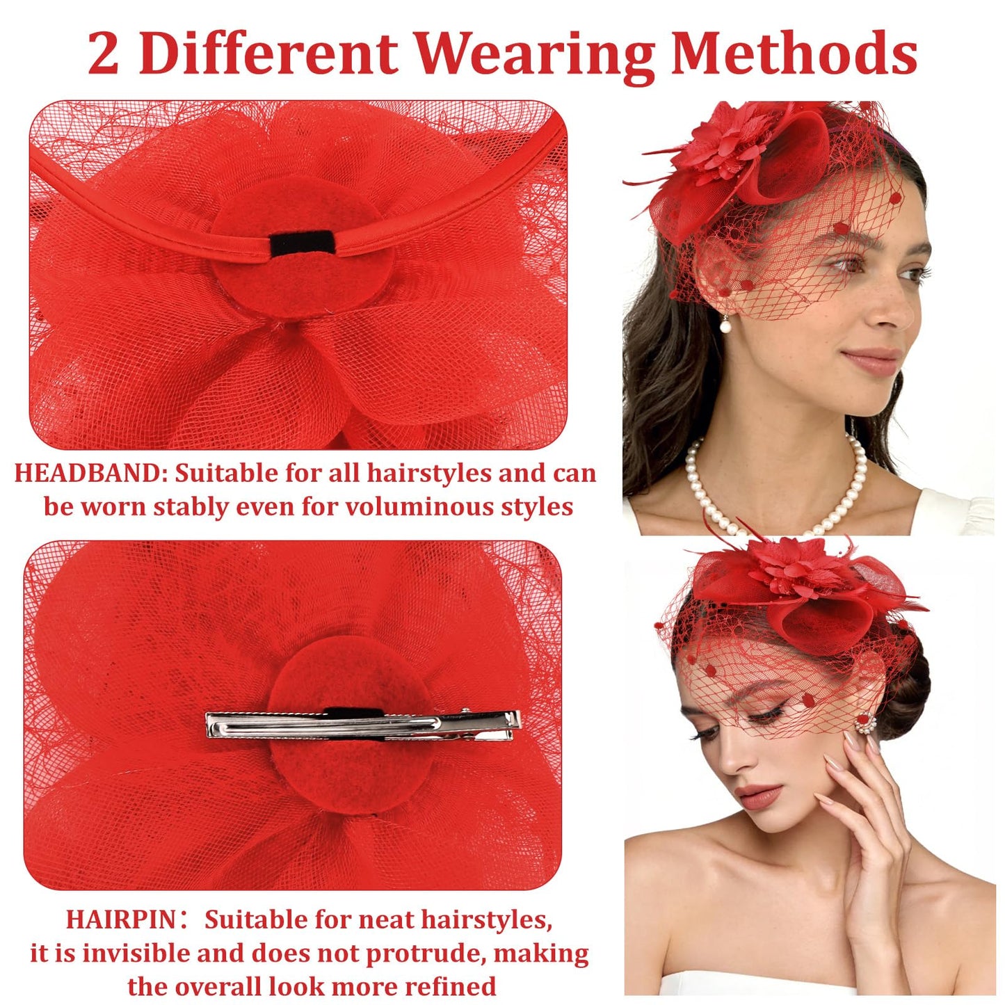 Semato Fascinators Hats for Women Mesh Feathers Elegant Red Tea Party Kentucky Hat Derby Headband with Hair Clip