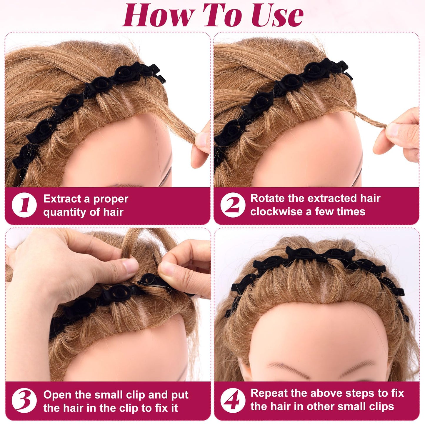 YALOJE 2 Pcs Headband with Clips, 90s Butterfly Hair Clips Headband with Teeth for Women, Braided Weave Bangs Non-Slip Clip Headbands Hair Accessories for Styling Decoration- Flocked Black
