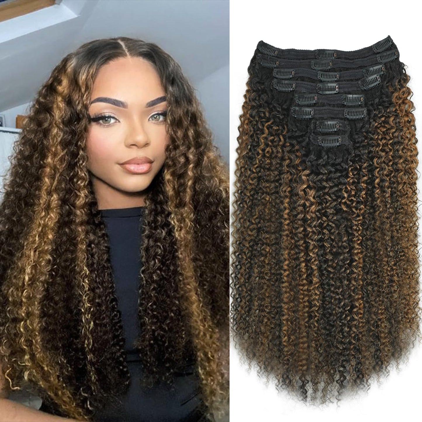 Mihugass 3c 4a Curly Clip in Hair Extensions T1BP1B/30 Omber Kinky Curly Clip ins For Women Brazilian Virgin Clip on Hair (24inch,T1BP1B/30)