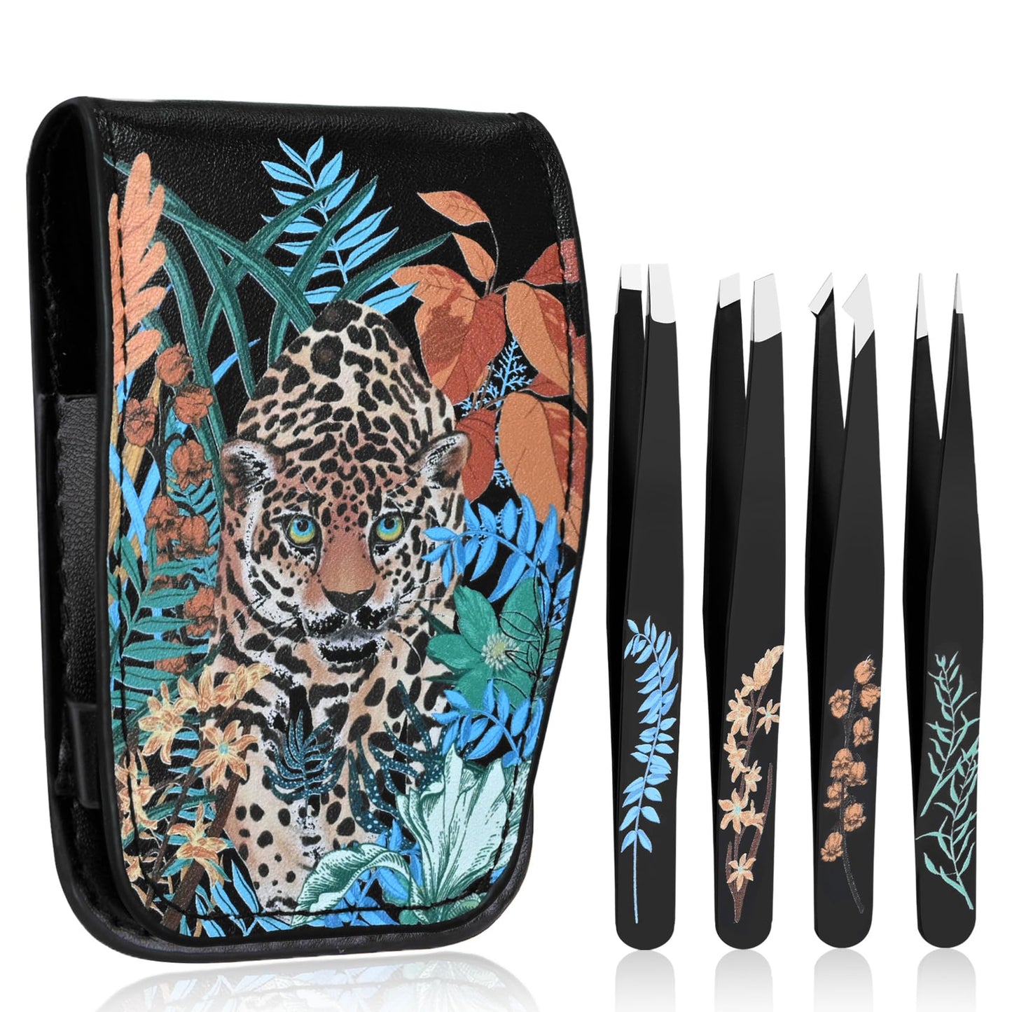 Personalized Tweezers Set for Women Facial Hair in Fashion Travel Case, Small Self Care Mothers Day Teacher Gifts Summer Vacation Essentials, Eyebrow Ingrown Hair Splinter Removal Grooming Kit Leopard