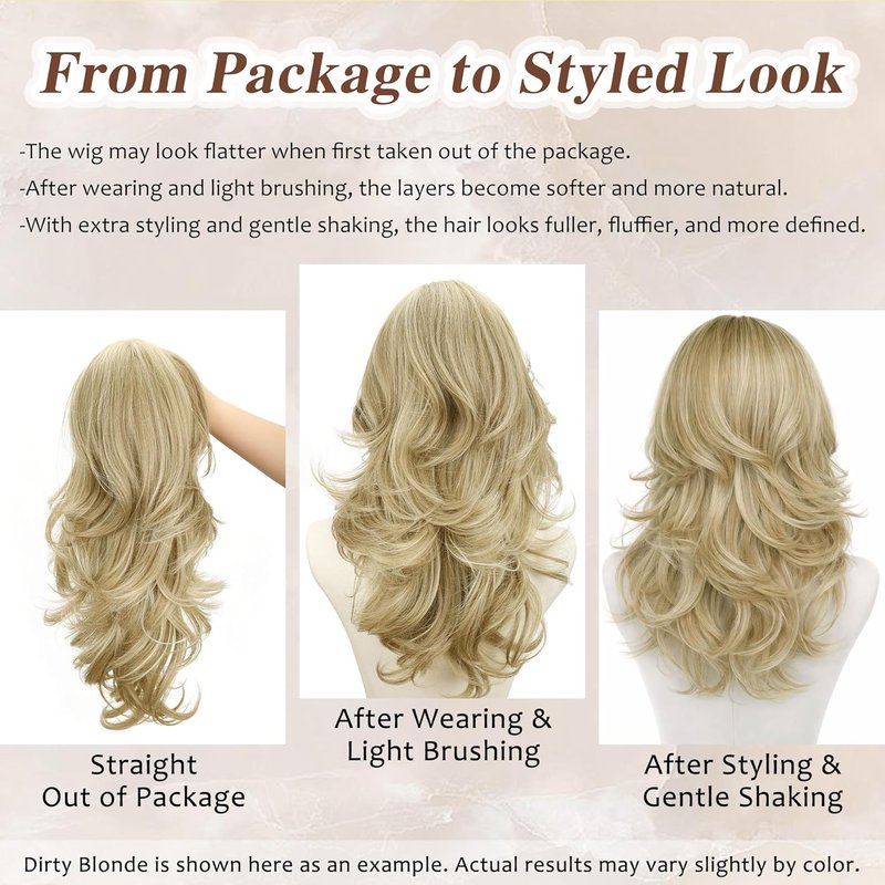 Layered Brown Wig with Highlights - Long Wavy Synthetic Hair, 22 Inch | Natural-Looking Curtain Bangs for Daily Wear