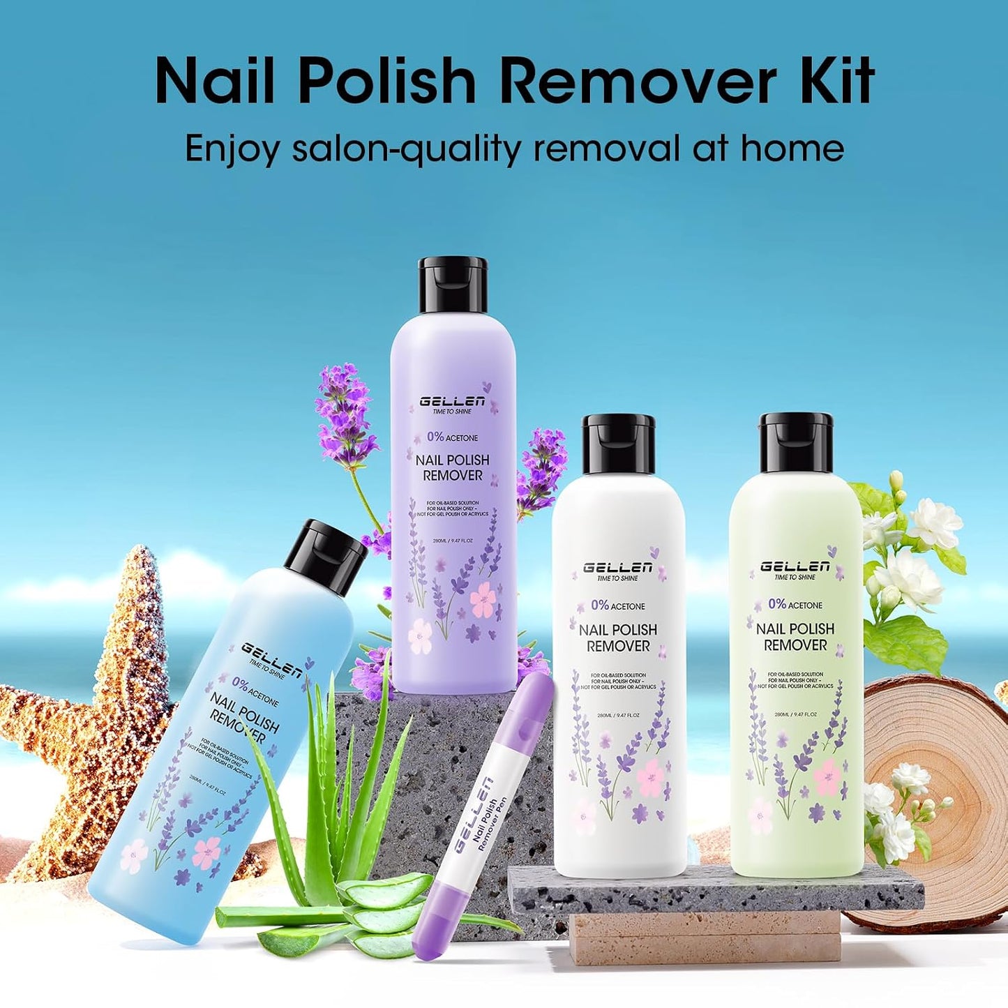 Gellen Jasmine Scent Nail Polish Remover Kit - Gentle Non-Drying Formula with Aloe & Vitamin E | 280ml