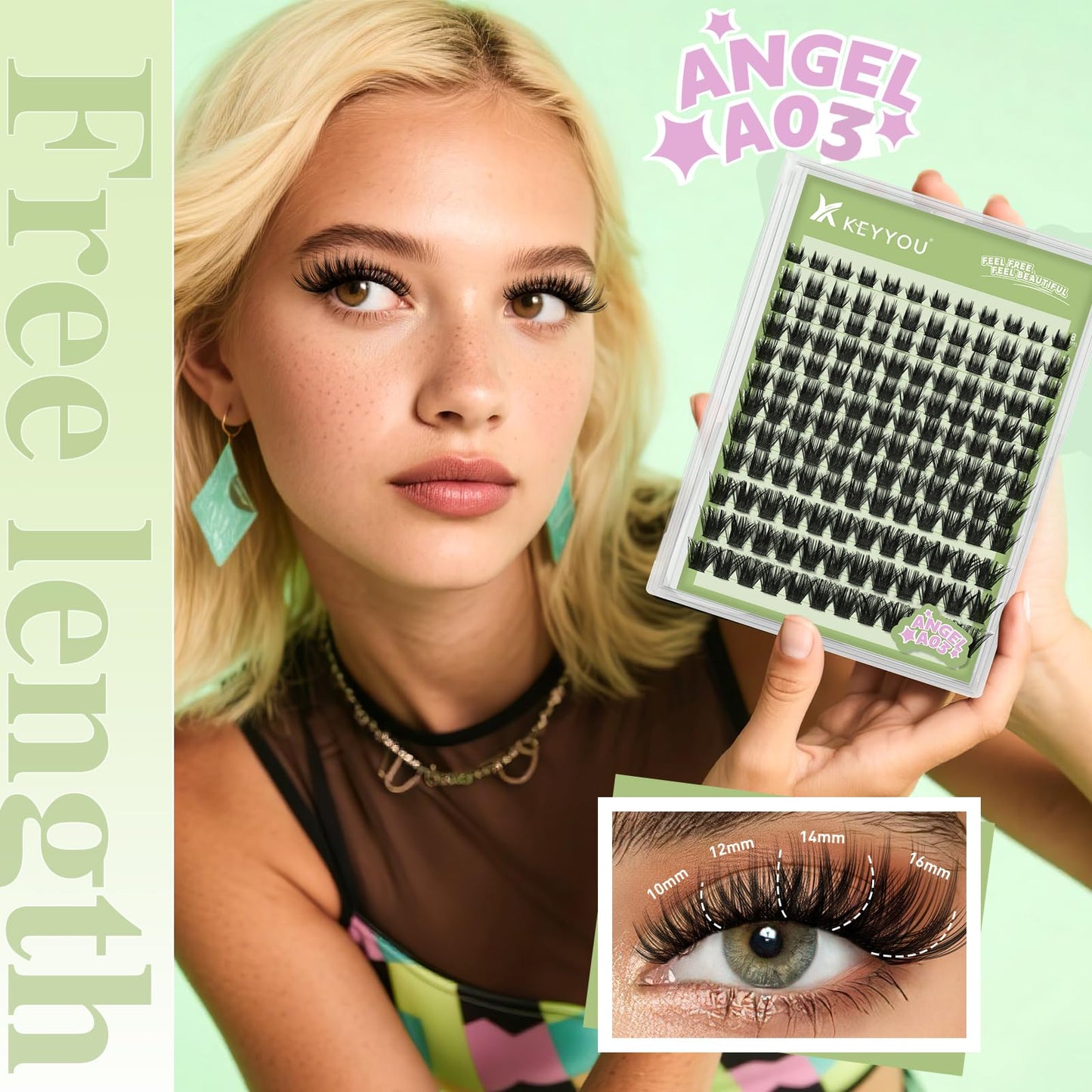 KEYYOU Angel Lash Clusters, 8-18mm Mix D Curl Wispy Eyelash Clusters for Natural Look Lash with Waterproof DIY Lash Extension at Home(Lash-Angel A03)