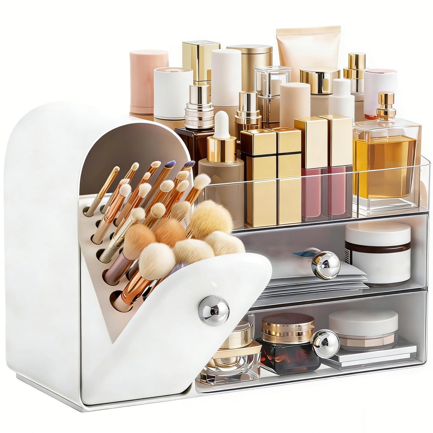 HBlife Makeup Organizer Countertop with Drawers, Vanity Organizers with Brush Holder, Bathroom Counter Organizer for Perfume, Nail Polishes, Lipsticks, Skincare and Eyeshadow Palettes, White Sliver