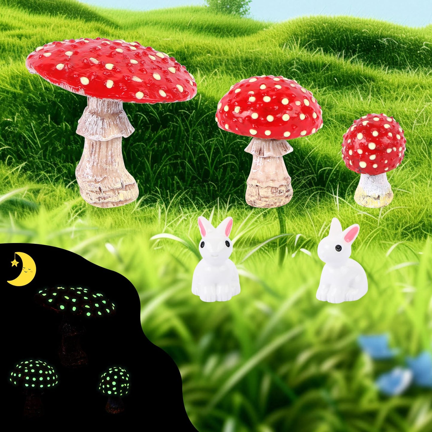 BRIOYHA 3-Piece Glow in The Dark Mushroom with 2 Bunny Statues – Outdoor Garden Decorations for Yard Pathway Landscape, Spring Easter Lawn Ornaments