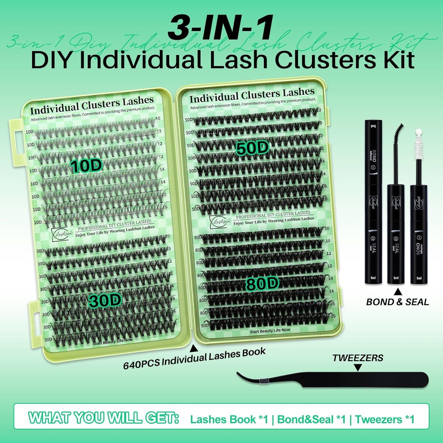 Lash Clusters Kit - Wispy DIY Eyelash Extensions with Bond & Seal | 10-16mm Sizes for Travel or Home Use