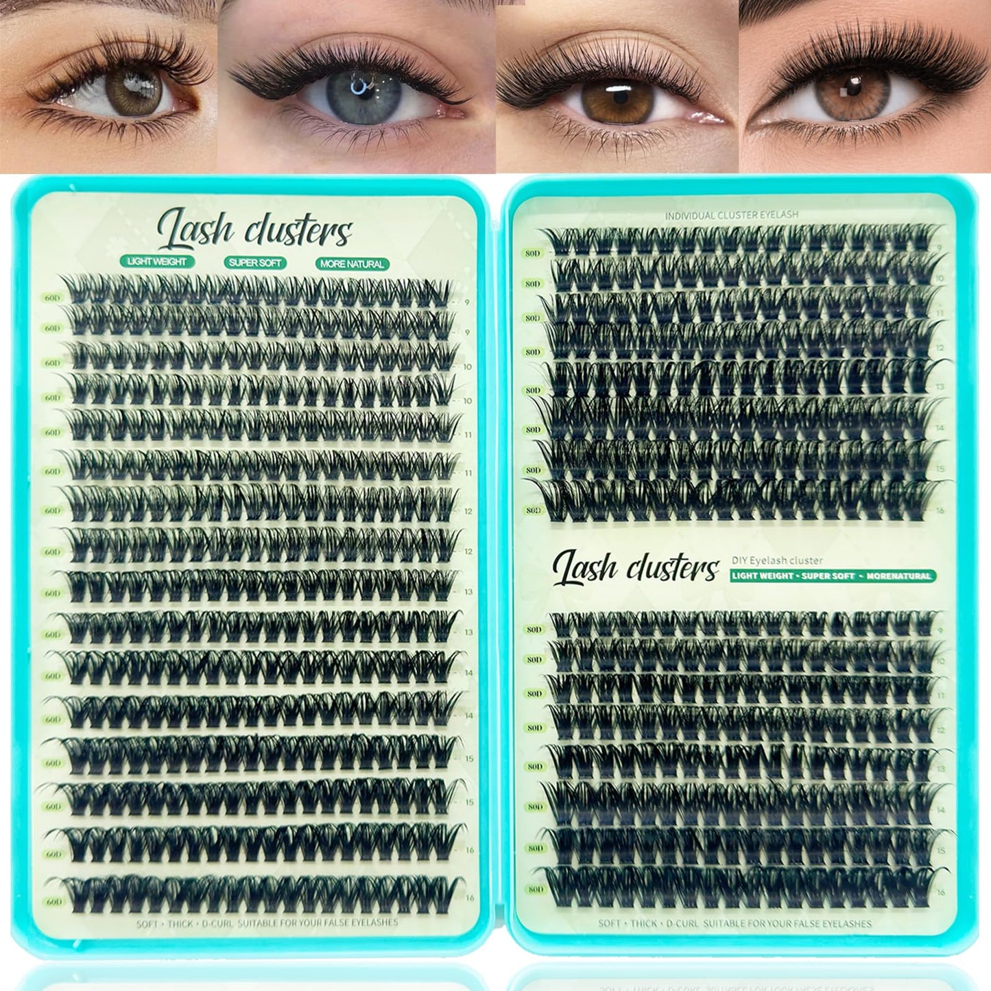 Lash Clusters, 640 Pcs Eyelashes Lash Clusters D Curl 9-16mm, Individual Fluffy False Eyelashes Extensions with Tools, Perfect for Daily Wear and Dating (60D+80D)