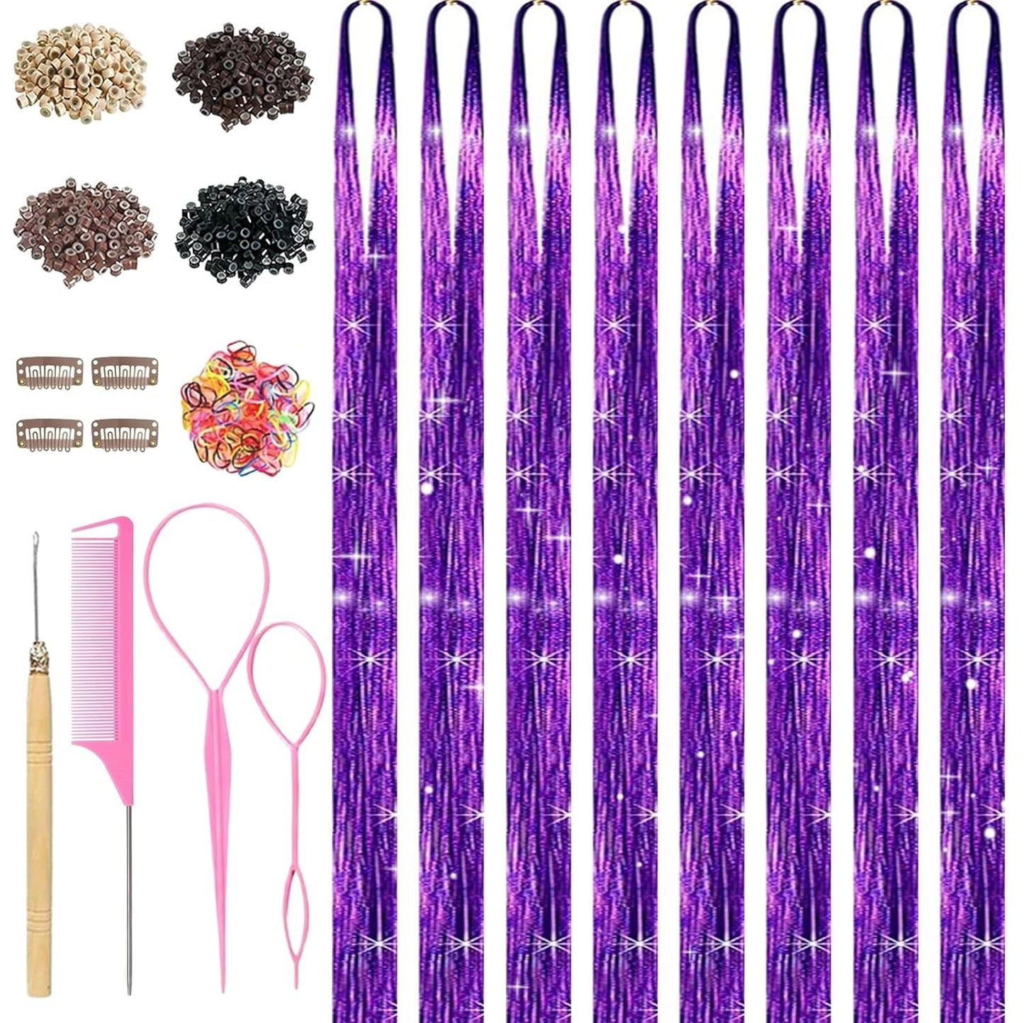 Purple Hair Tinsel Kit - 8 Pcs 48-Inch Glitter Hair Extensions for Girls & Women | Festival & Party Accessories
