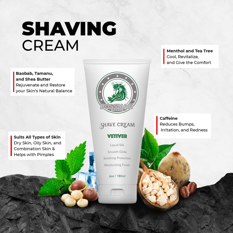 Bossman Liquid Silk Shave Cream for Men – Sensitive Skin Formula, Smooth Glide, & Soothing Protection – Moisturizing Finish (Vetiver X Scent)
