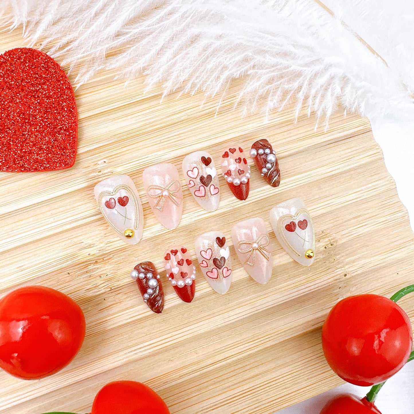 Valentine's Press-On Nails - 30 Pcs Short Almond Red French Tip with Pearl & Gold Bow | Romantic Heart Acrylic Set