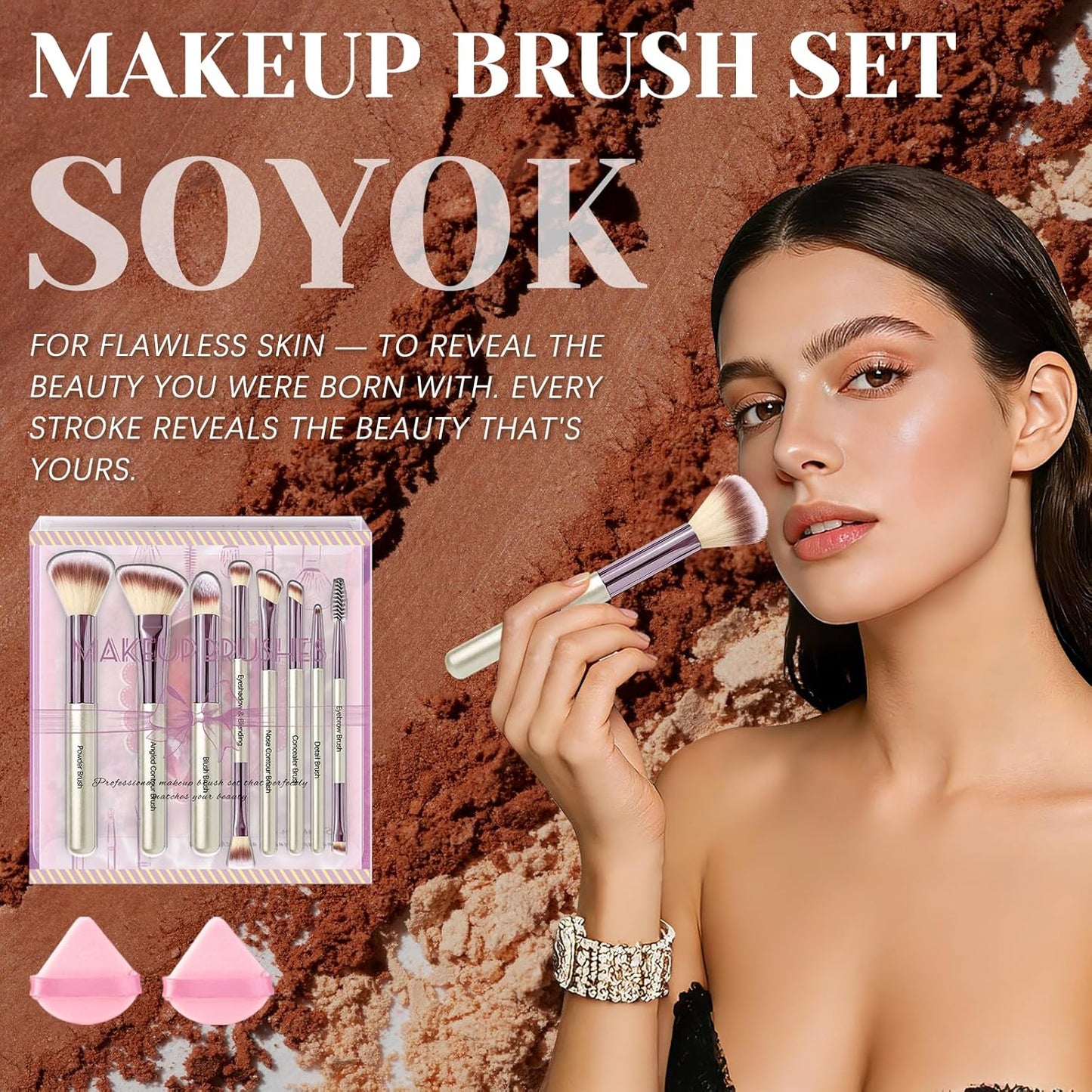 Makeup Brush Set - Premium Synthetic Brushes with 2 Puffs | 8-Piece Kit for Powder, Concealers, Eyeshadows & Blush - Gift Box Included