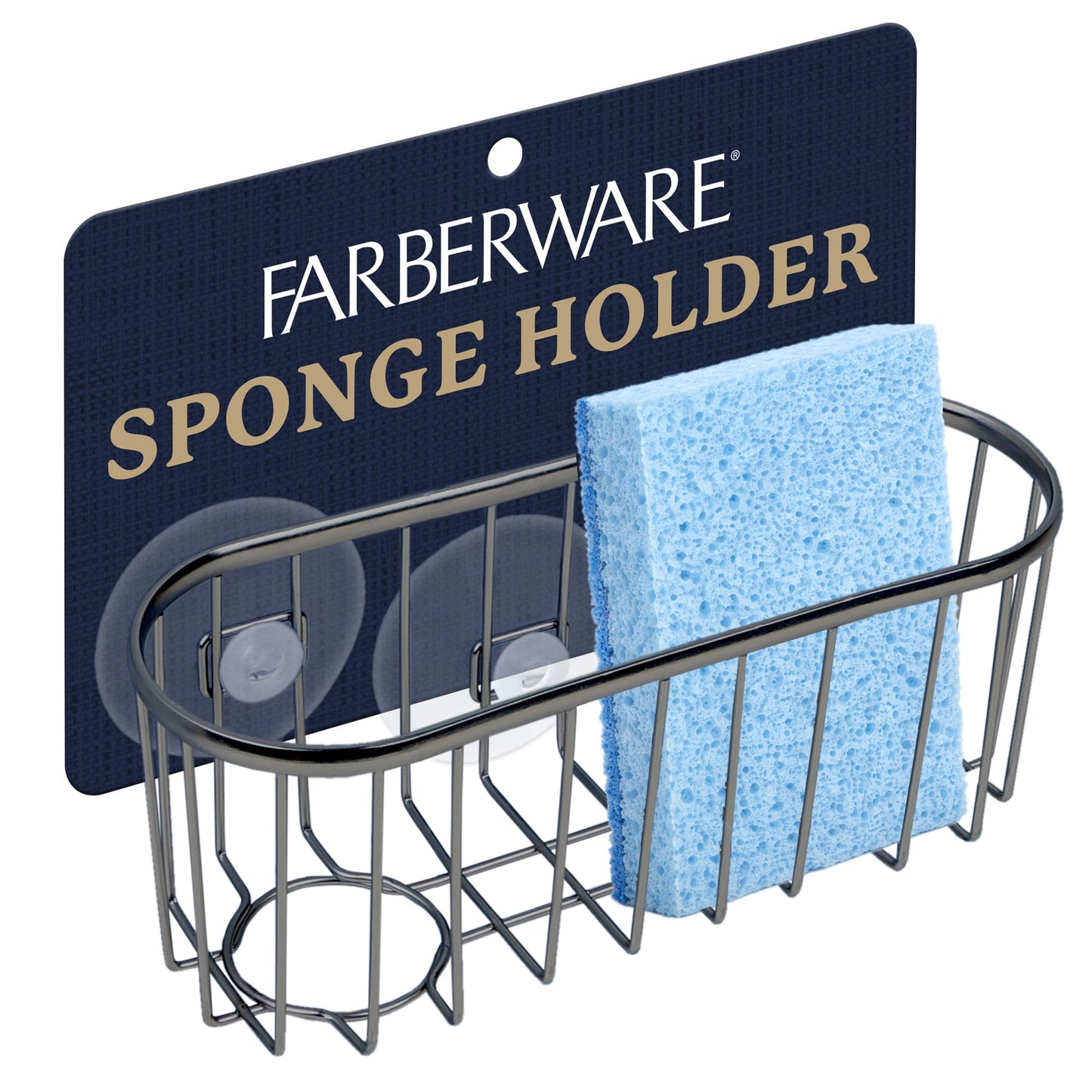 Farberware Sponge Holder for Kitchen Sink—Brushed Metal Sink Caddy Organizer with Triple Suction Cups, Kitchen Organizer for Sponges, Brushes, Soap & Cleaning Essentials