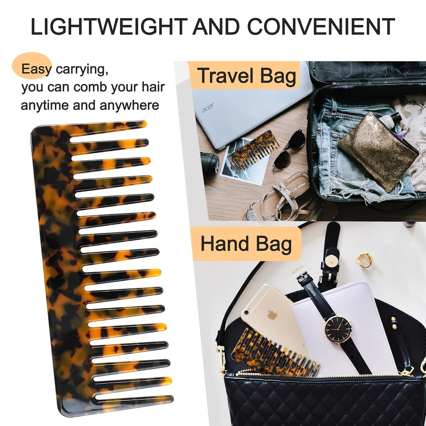 Hair Detangling Comb - 2 Pack Wide Tooth Cellulose Acetate for Thick Curly Hair | Tortoise Shell & Ivory