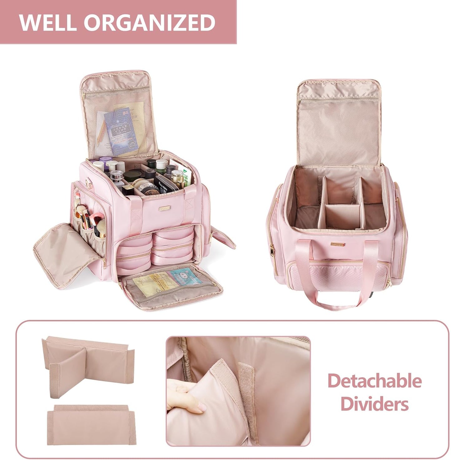 Rolling Makeup Case - Professional Makeup Train Case with 4 Removable Bags & Wheels | Pink Patent Design
