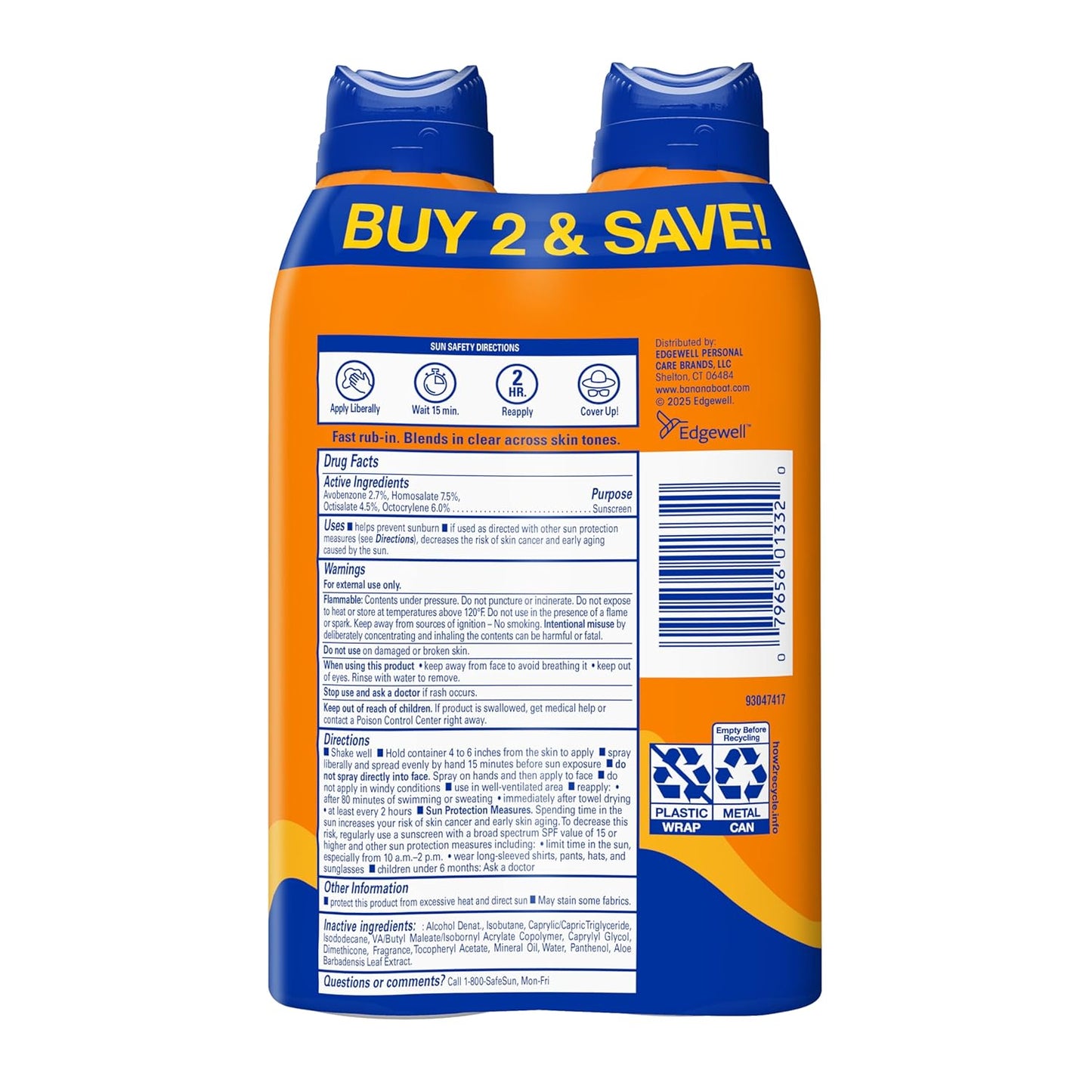 Banana Boat Sport Ultra SPF 50 Sunscreen Spray - Water Resistant, Oxybenzone Free | 6oz Twin Pack