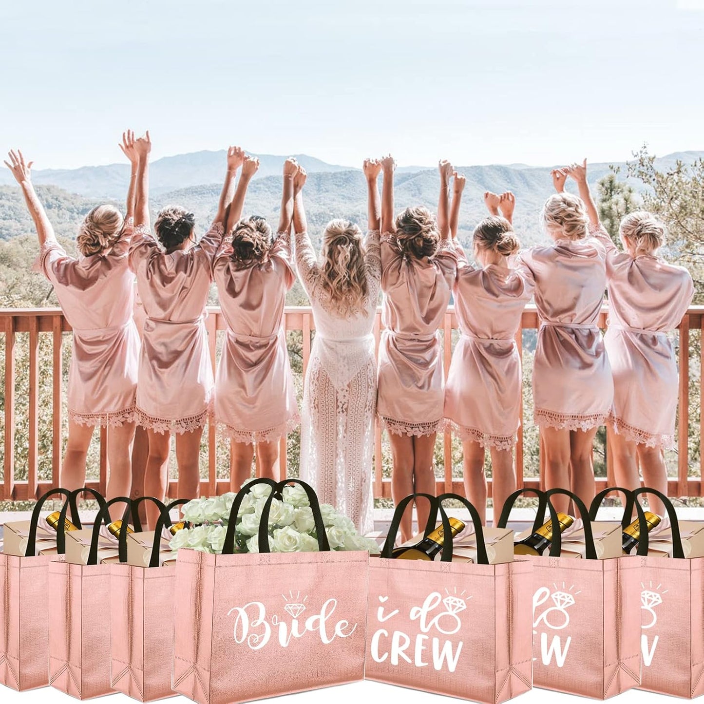 Rose Gold I Do Crew Gift Bags - 8 Non-Woven Bags for Bridesmaid Gifts | Bachelorette Party Favors