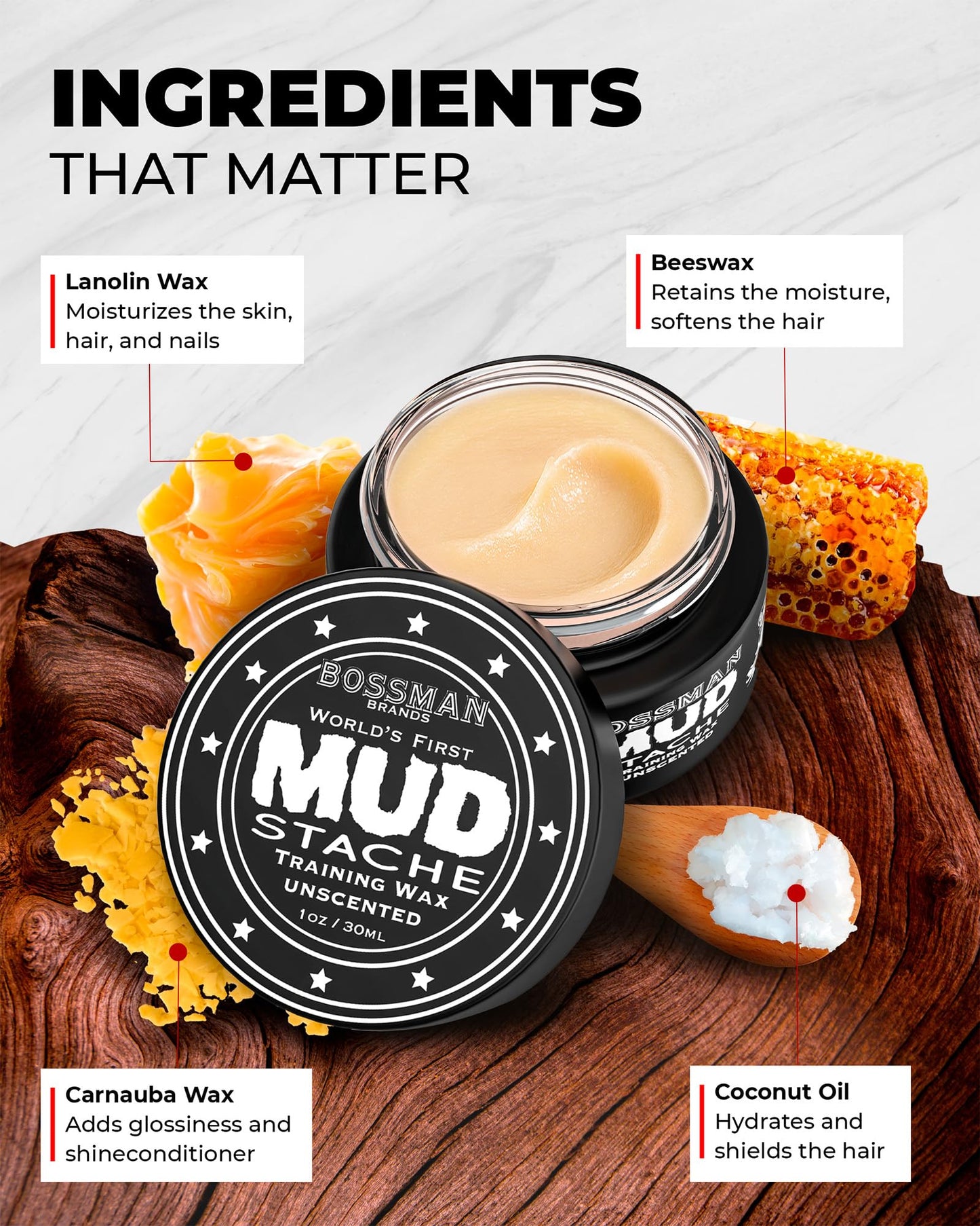 Bossman MUDstache Mustache Wax for Men + Acetate Folding Mustache & Beard Comb – Unscented Styling and Grooming Kit