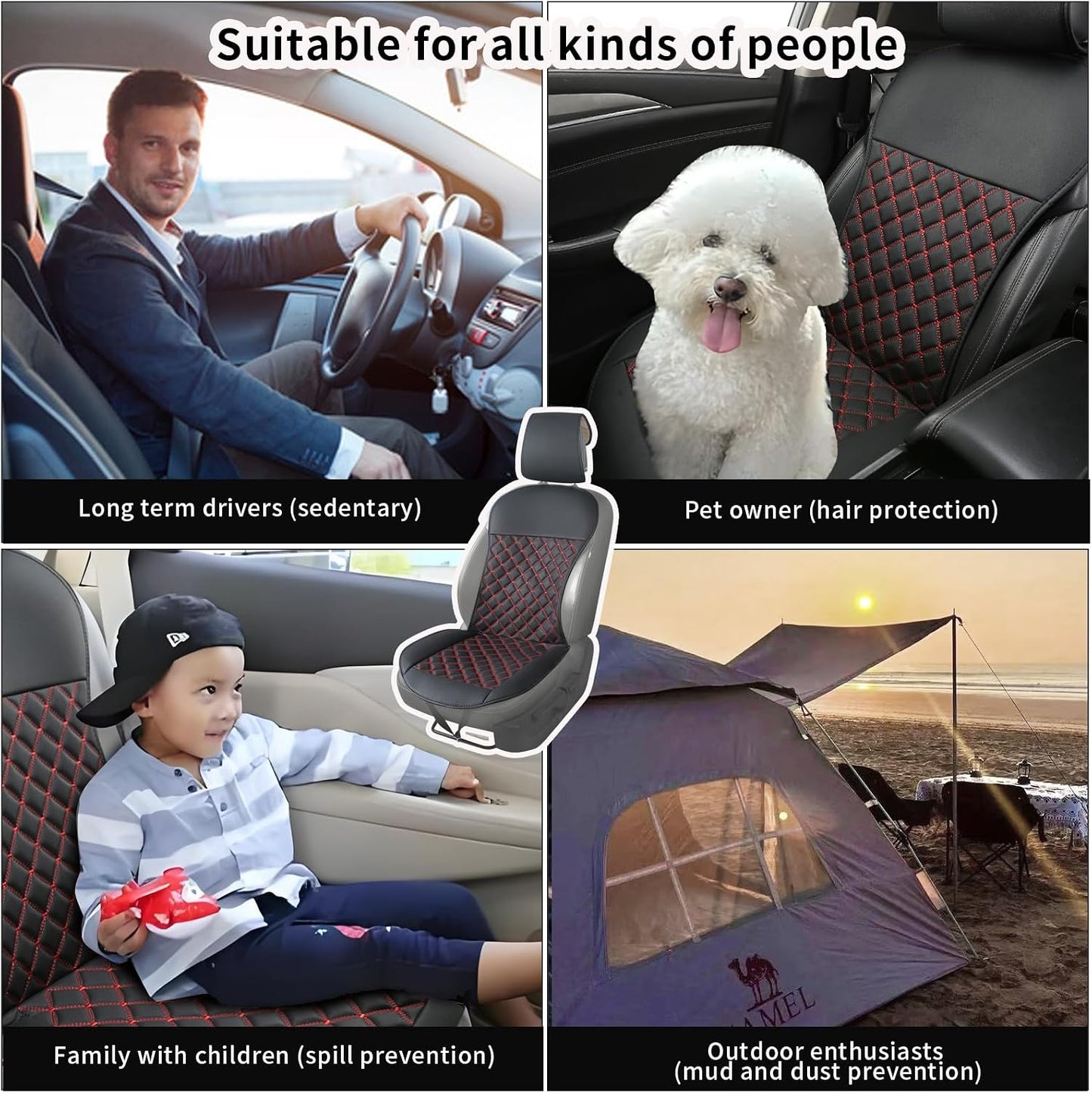 Universal Car Seat Covers - Waterproof Leather Protector for Airbag-Compatible Vehicles | 2-Pack Black-Red